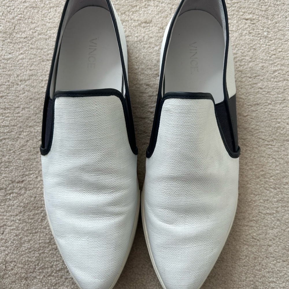 Vince White Leather Slip-On Loafers with Black Trim